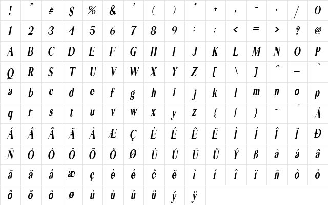 EXTRA Serif Italic  glyph index