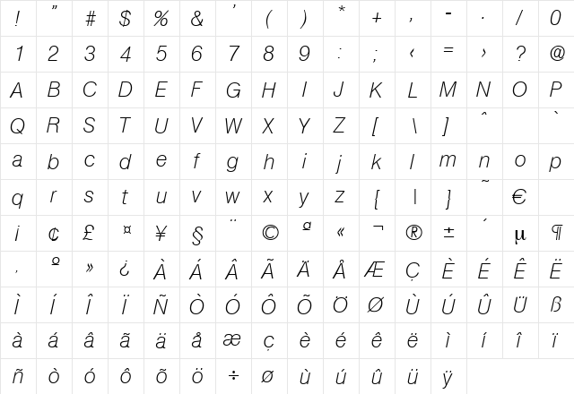 Olympia-XlightIta Regular  glyph index