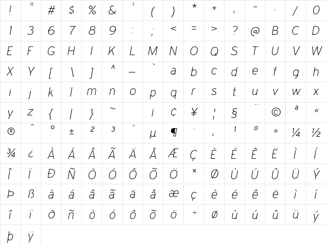 Expressway ExtraLight Italic  glyph index