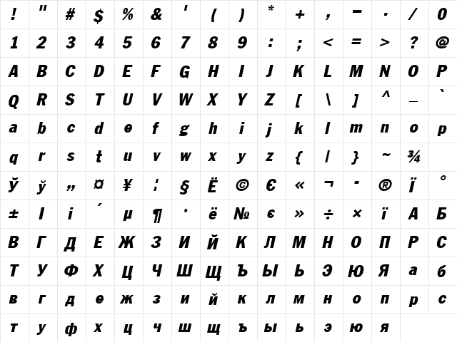 FagotCondensed Italic  glyph index