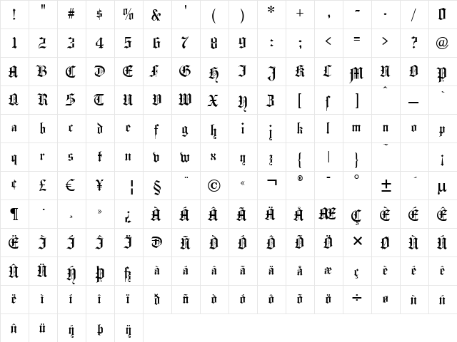 Hansa Gotisch Regular  glyph index