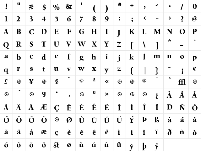 CalifornianText Bold  glyph index