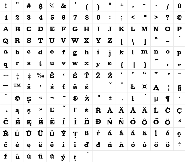 ClareTEEBol Regular  glyph index