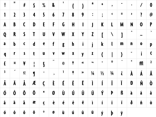 Agenda BoldExtraCondensed  glyph index