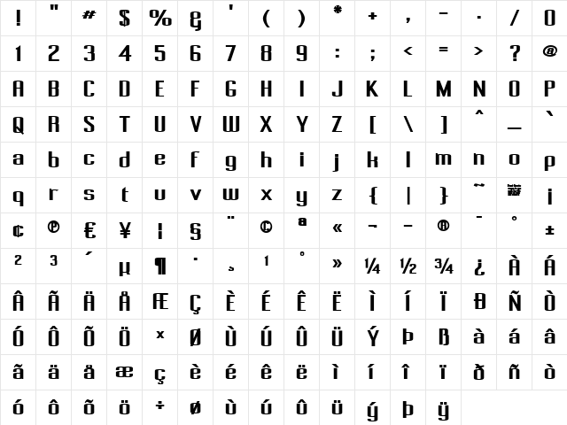 Pecot Regular  glyph index