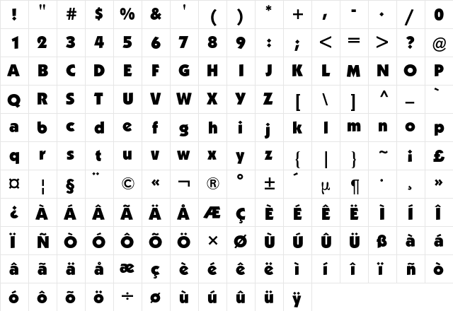 Kabel ITC BQ Regular  glyph index