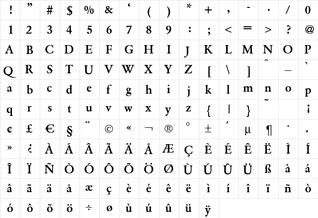 ClassicGarfeld Bold  glyph index