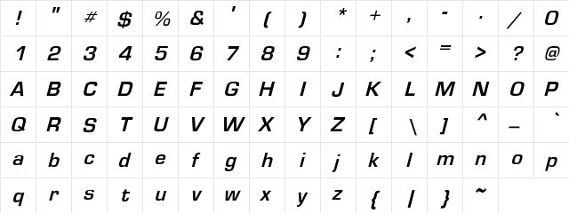 EurostileObl-Bo Regular  glyph index