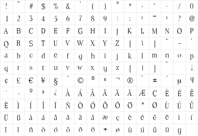 ToledoSerial-Light Regular  glyph index