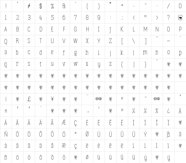 Zowieyo Regular  glyph index