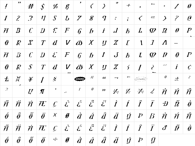 Xiphos Expanded Light Italic Expanded Light Italic  glyph index