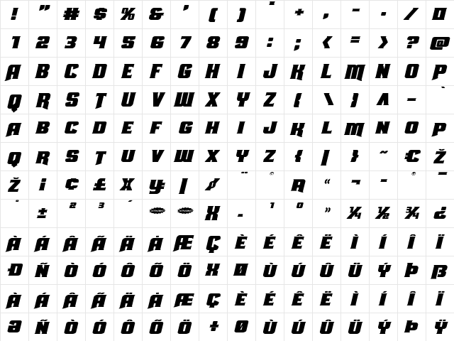 Union Gray Expanded Italic Expanded Italic  glyph index