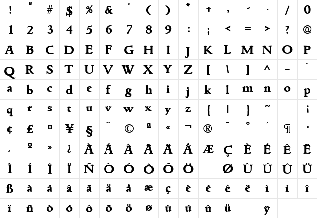 GoudyItalianLH Bold  glyph index