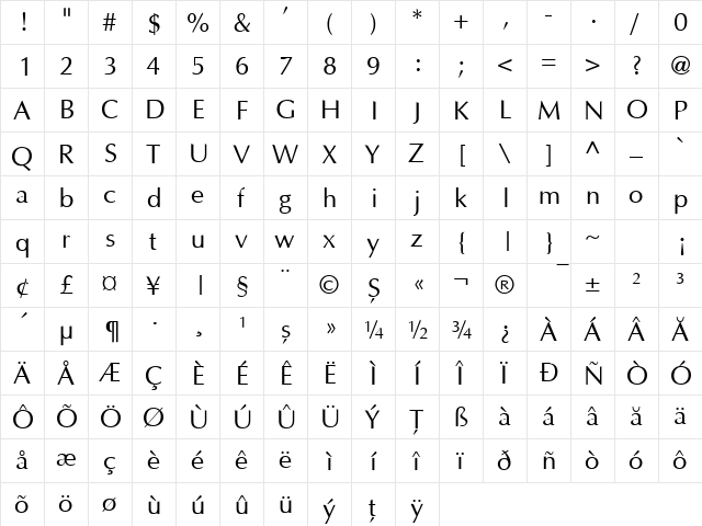 Ottawa Rom Regular  glyph index