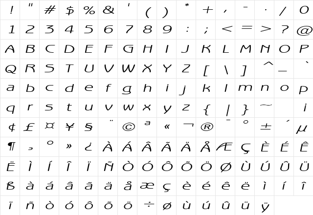 Beagle Extended Italic  glyph index