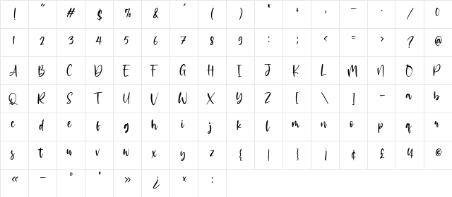 Glittery Regular  glyph index