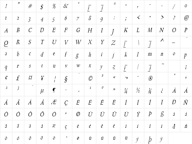 Bravo-Condensed Italic  glyph index
