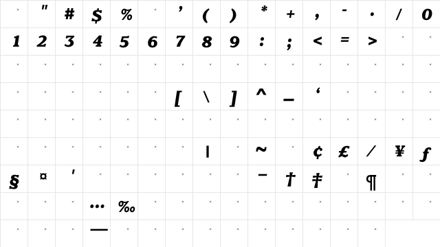 ClaremontExBoldItalTab Regular  glyph index