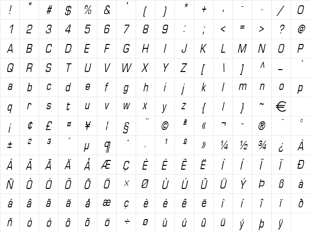 EurasiaCondensed Italic  glyph index