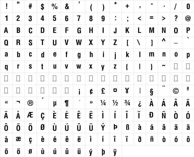 BD Hanover Regular  glyph index