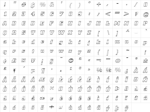 BorghsHollowExtended Italic  glyph index