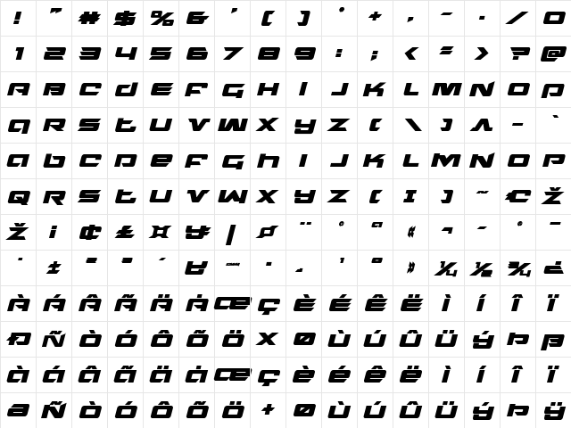 Northstar Bold Italic Bold Italic  glyph index