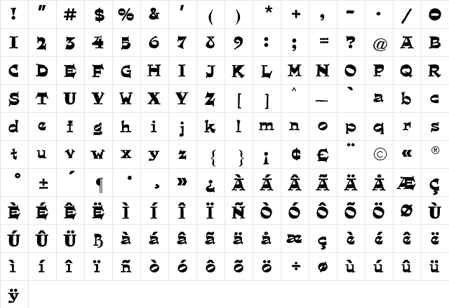 Quaint Roman CG Regular  glyph index