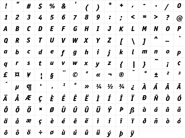 OfficinaSansITC ExtraBold Italic  glyph index