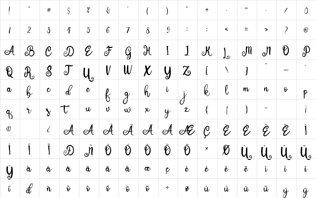 Baby Bunny Script Regular  glyph index