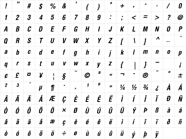 Helvetica Rounded LT Std Bold Condensed Oblique  glyph index