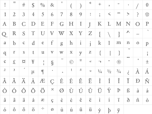 Garamond36 Becker Regular  glyph index