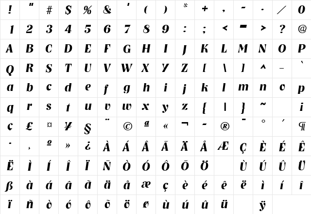 Nashville Bold Italic  glyph index