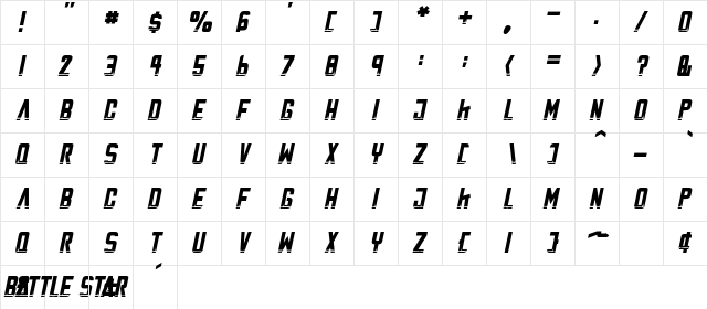 Battle Star Italic  glyph index