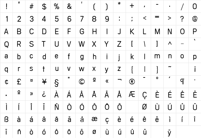 Mercedes Regular  glyph index