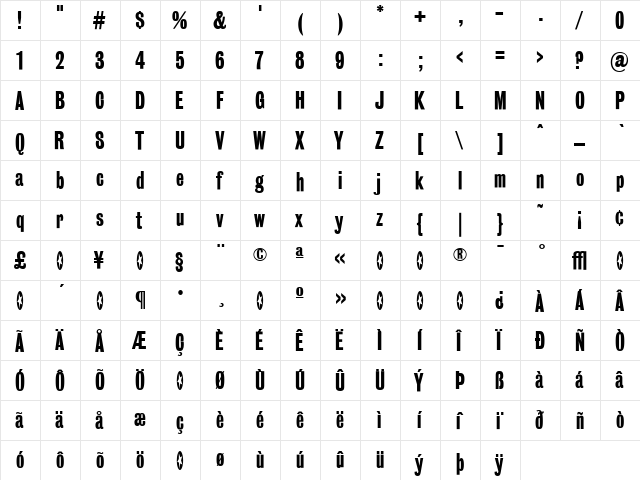 BureauGrotesque-OneFive Regular  glyph index