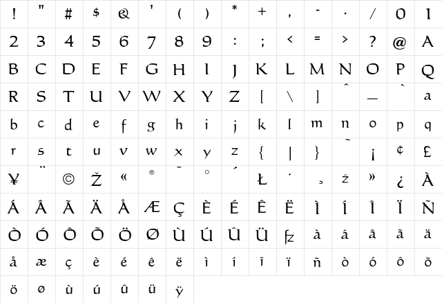 Carnet Regular  glyph index