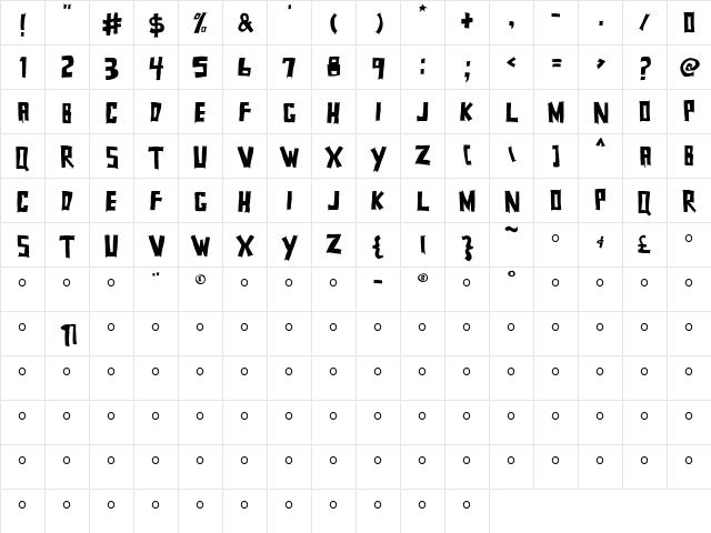 Squarehouse Regular  glyph index