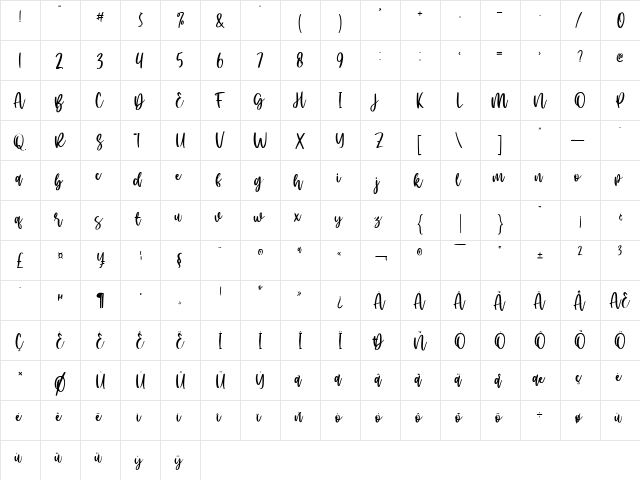 sacred Love Regular  glyph index