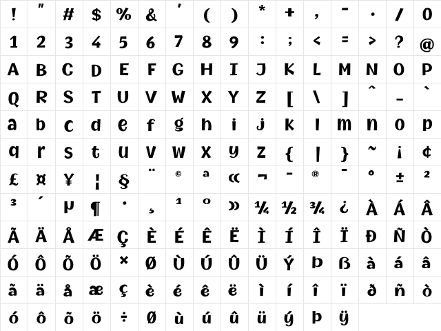 Mythical Garden Bold  glyph index