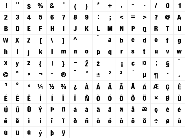 Helvetica Neue LT Com 87 Heavy Condensed  glyph index