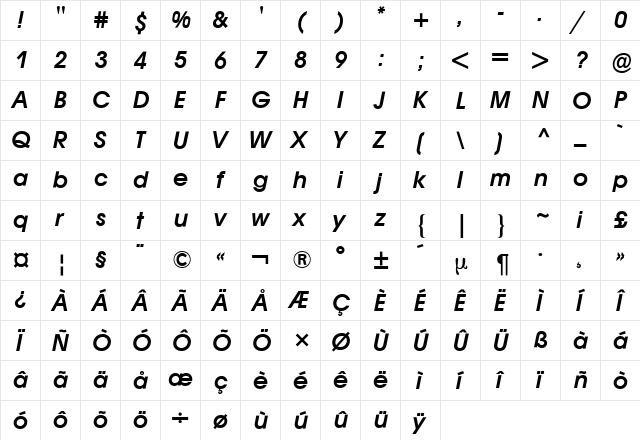 Avant Garde BQ Roman Italic  glyph index