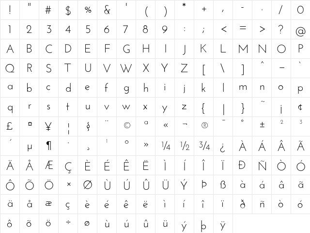 Josefin Sans Regular  glyph index
