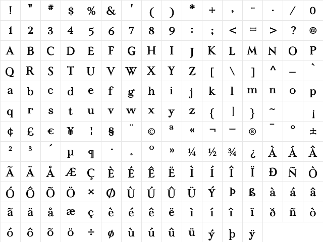 Felina SerifSmall Print Regular  glyph index