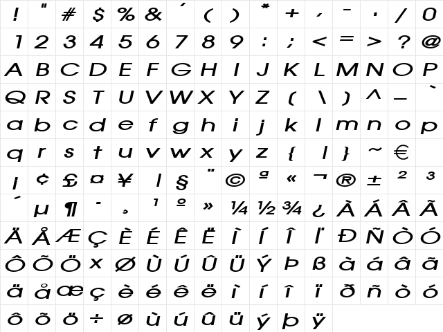 AtillaExtended BoldItalic  glyph index