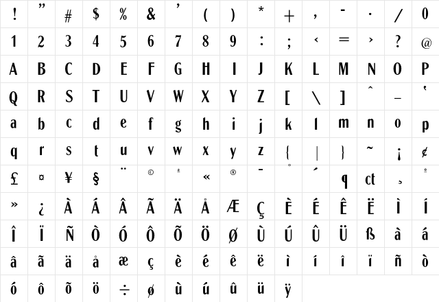 GlobeCondL Regular  glyph index