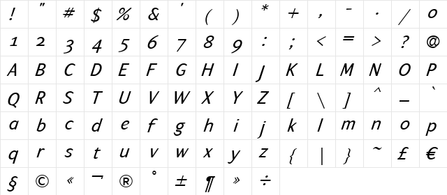 ArtemiusSans SN Italic  glyph index