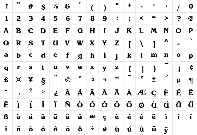 KorinnaEF-ExtraBold Regular  glyph index