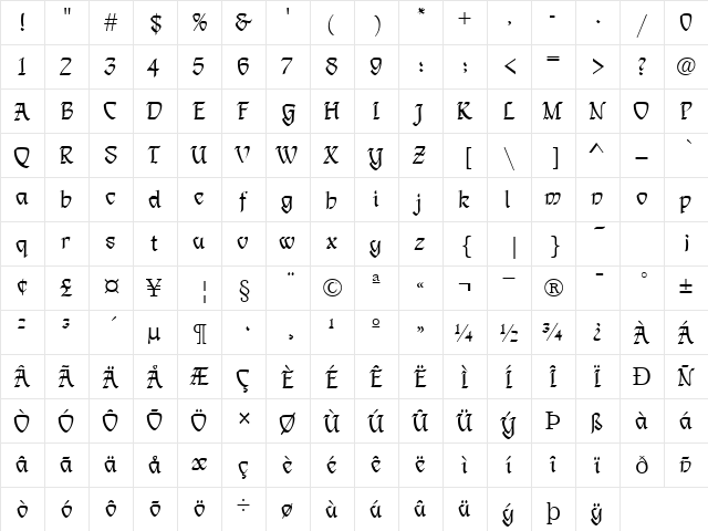 Linden Regular  glyph index