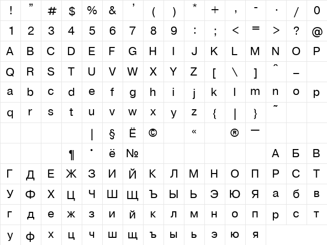 Geneva Normal  glyph index