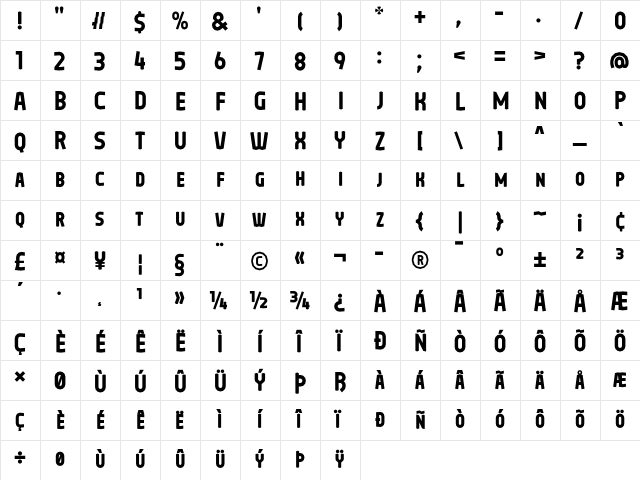 Oreta Regular  glyph index